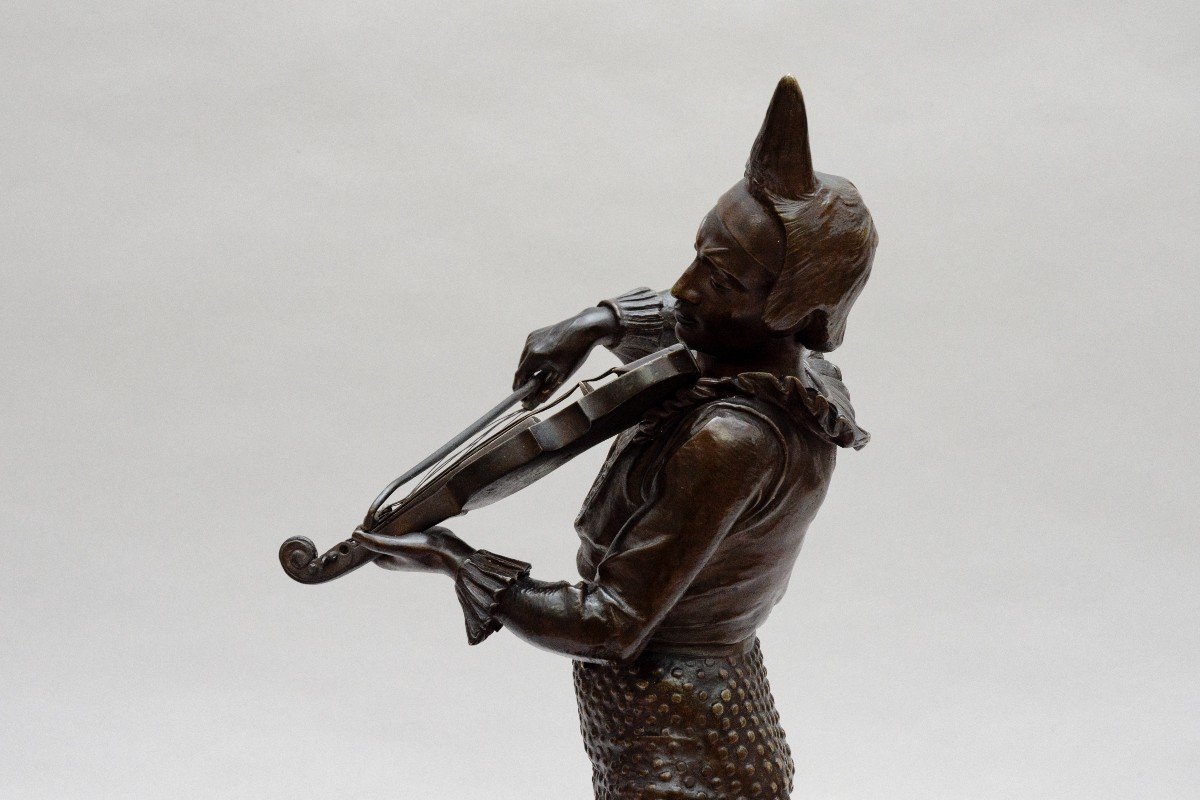 Bronze "clown Playing The Violin With His Poodle", Alfred Barye-photo-1