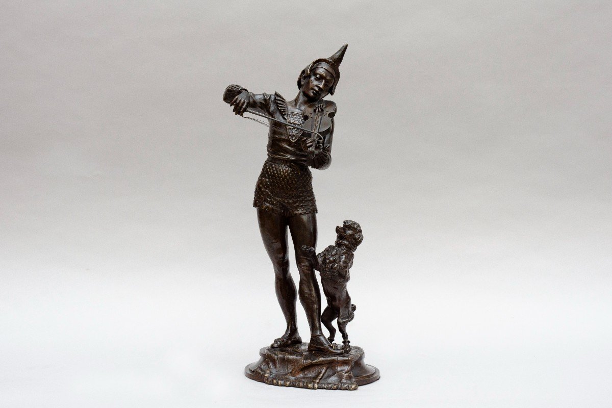 Bronze "clown Playing The Violin With His Poodle", Alfred Barye