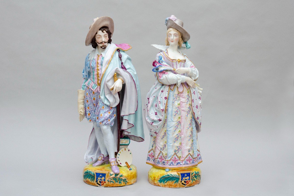 Pair Of Large Figures "rubens And His Wife", Ardant In Limoges, Paris 1878