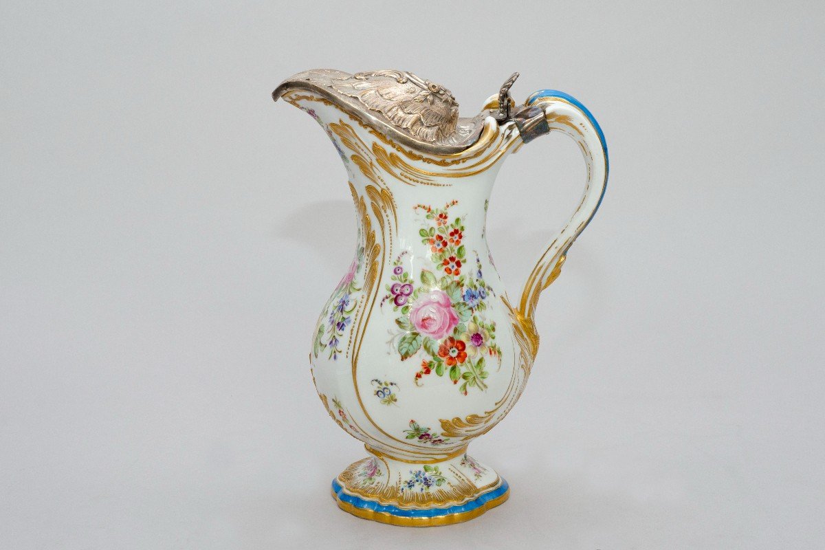 Aiguière De Style Louis XV à Couvercle En Métal Argenté, Style Sèvres 19e Siècle-photo-2