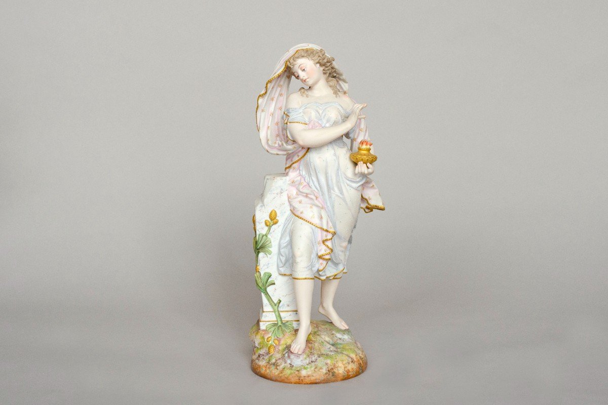 Allegory "woman With Oil Lamp", Polychrome Biscuit, Limoges, Gibus Et Redon, 19th Century