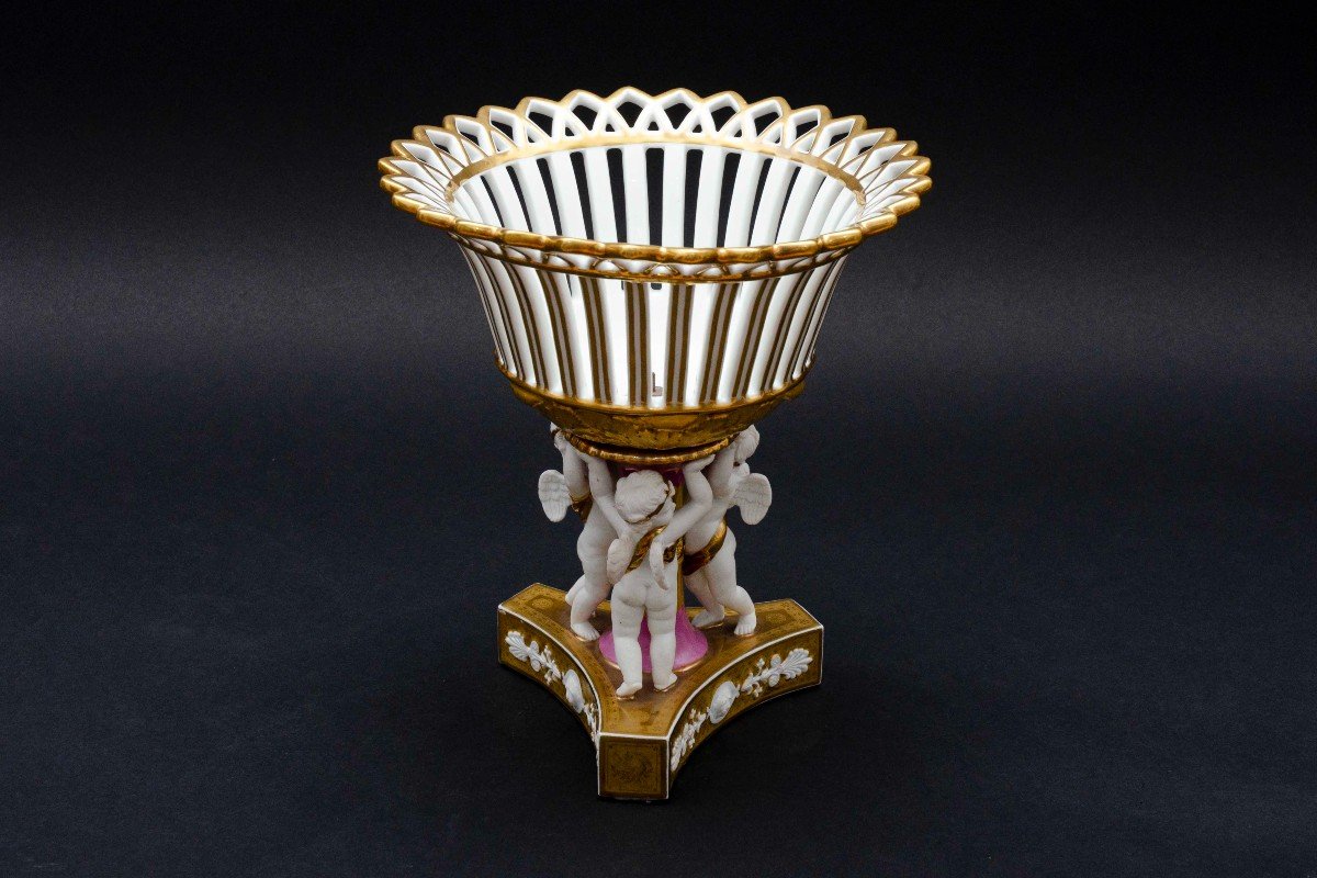 Rare Corbeille Ronde Rose Soutenue Par Des Anges, Piédouche Rose, Coussac-bonneval Vers 1830-photo-3