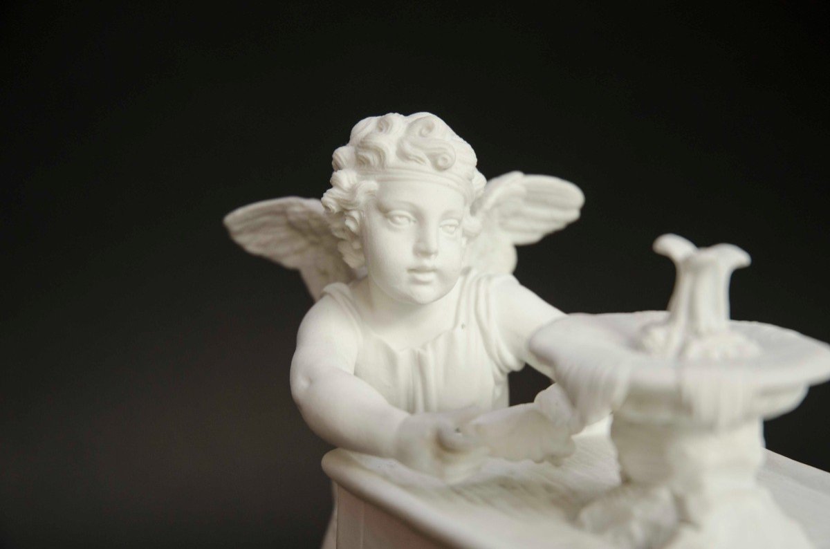 Petite Pendule En Biscuit Blanc  "ange à La Fontaine", France Milieu 19e -photo-4