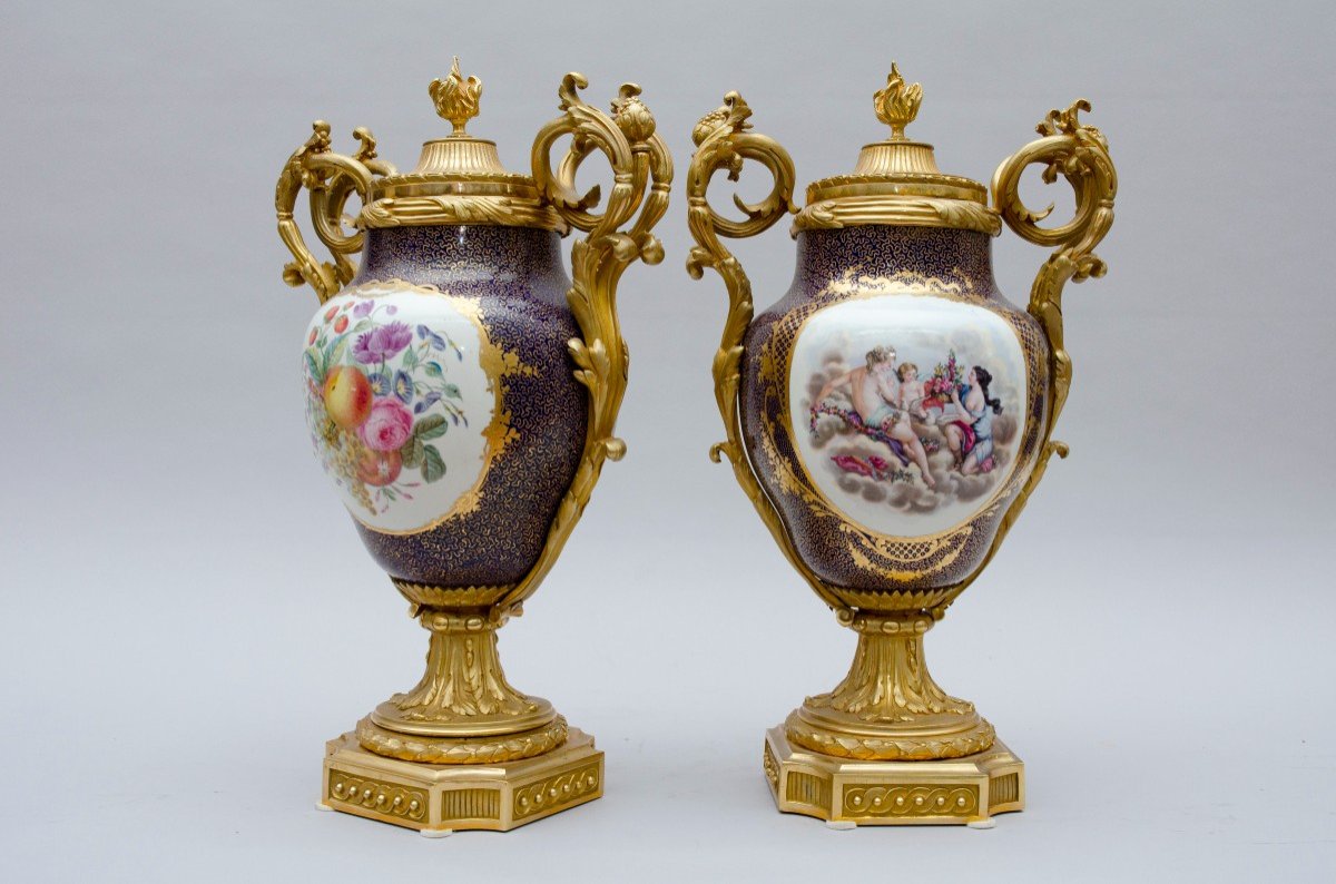 Large Ppair Of Cobalt Blue Vases With Fruits And Figures, Mounted On Bronze, Sèvres Style