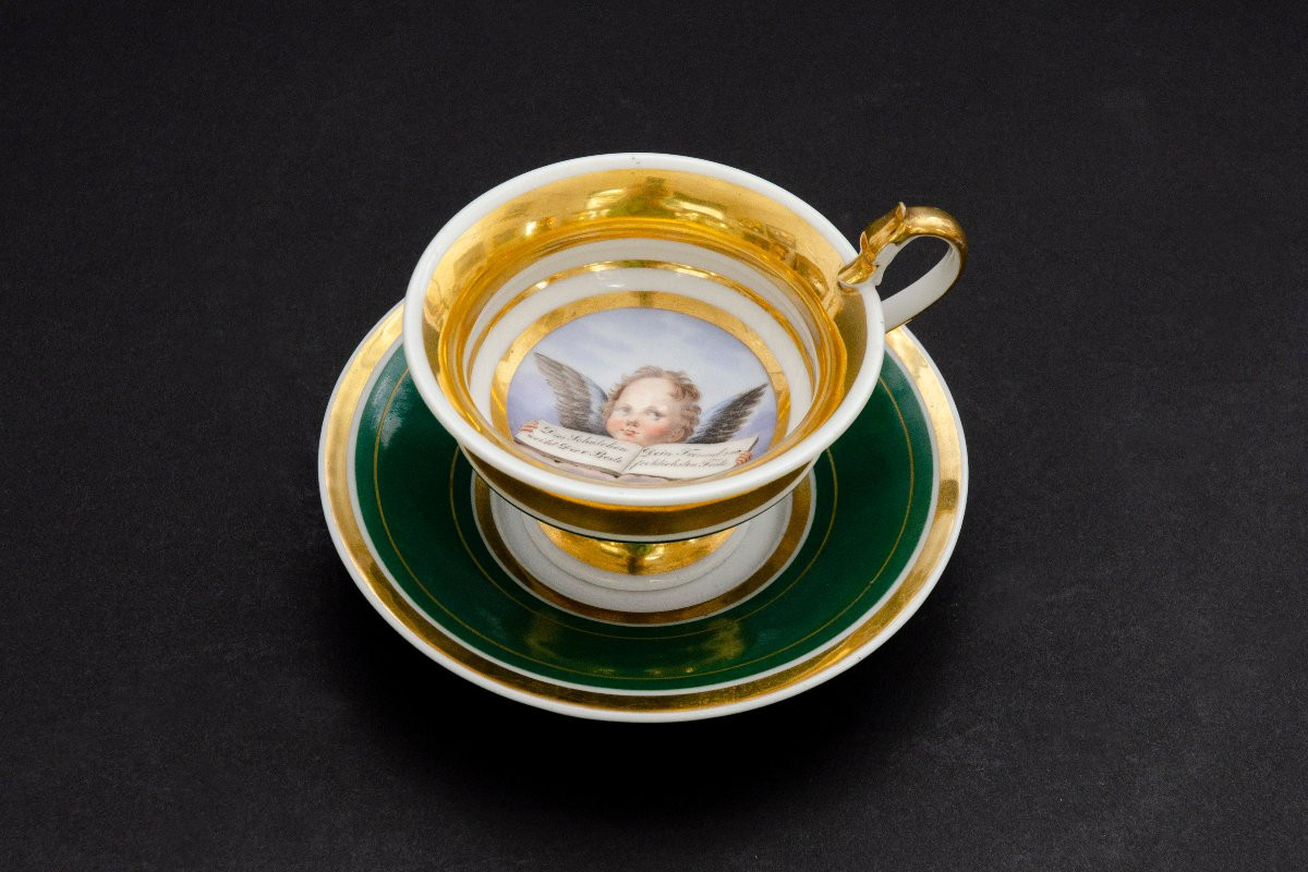Tasse verte "message d'amitié" et soucoupe, attrib. à Thüringen vers 1830-photo-2