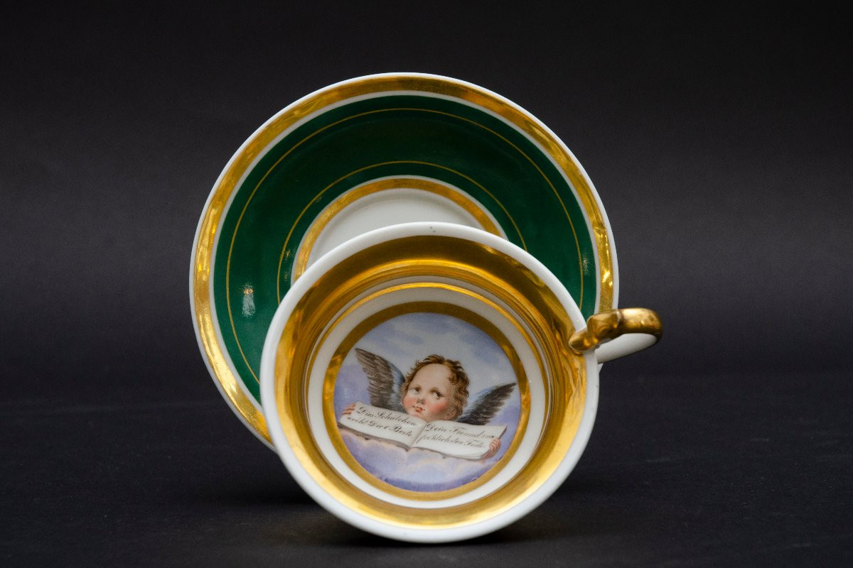 Tasse verte "message d'amitié" et soucoupe, attrib. à Thüringen vers 1830-photo-5