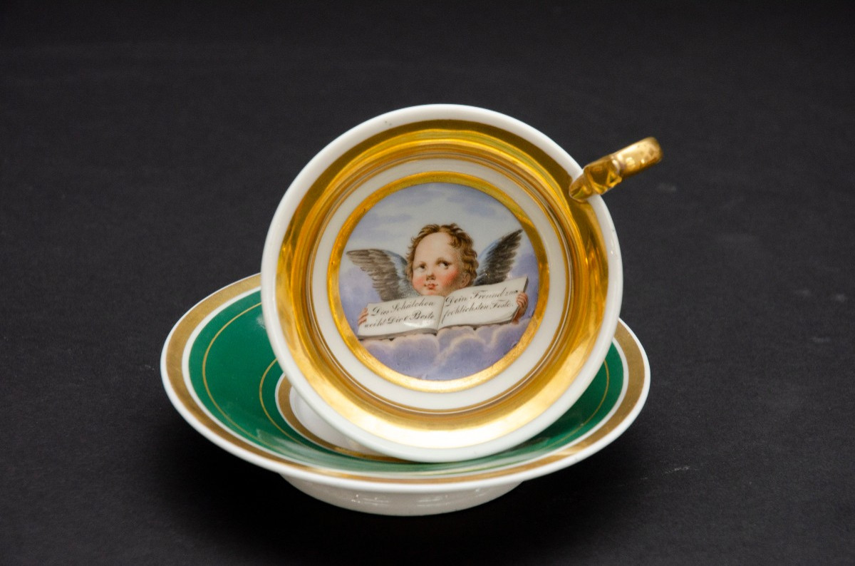 Tasse verte "message d'amitié" et soucoupe, attrib. à Thüringen vers 1830
