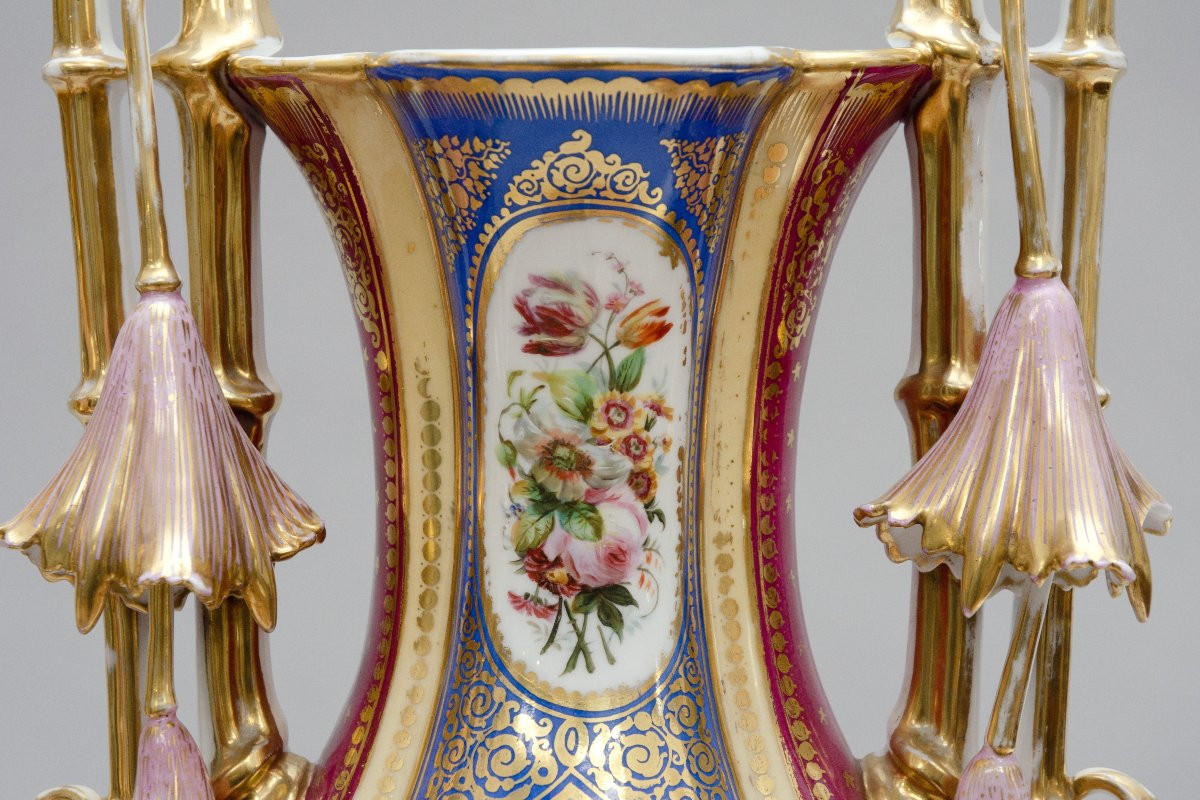 Large Pair Of Limoges Porcelain Vases With Flowers, 19th Century-photo-3