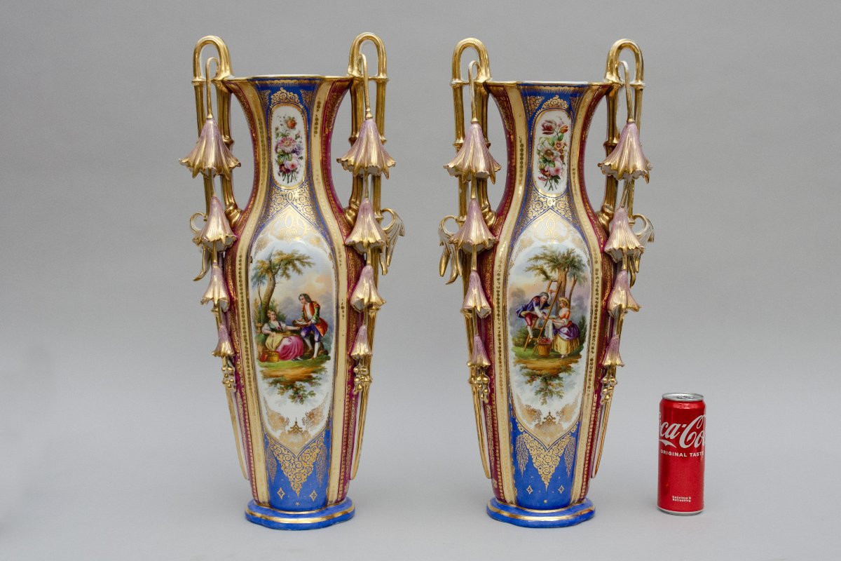 Large Pair Of Limoges Porcelain Vases With Flowers, 19th Century-photo-4