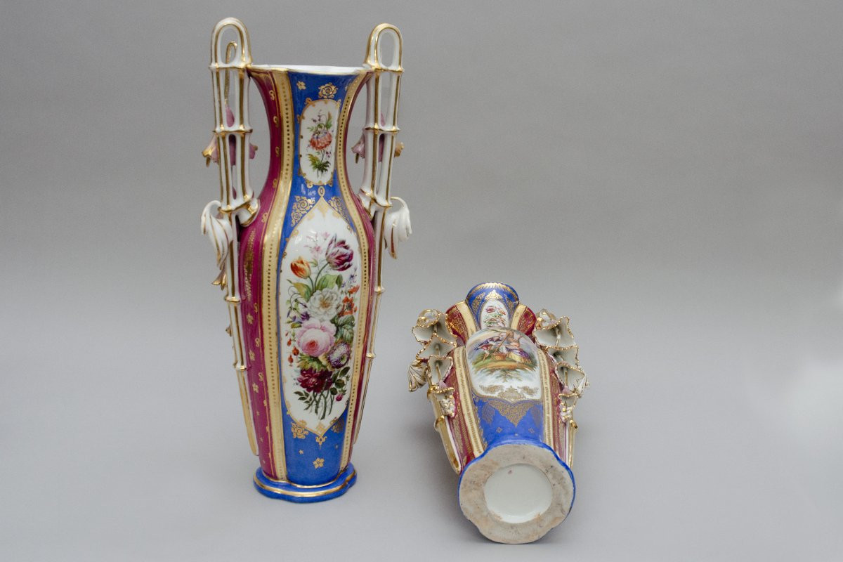 Large Pair Of Limoges Porcelain Vases With Flowers, 19th Century-photo-1
