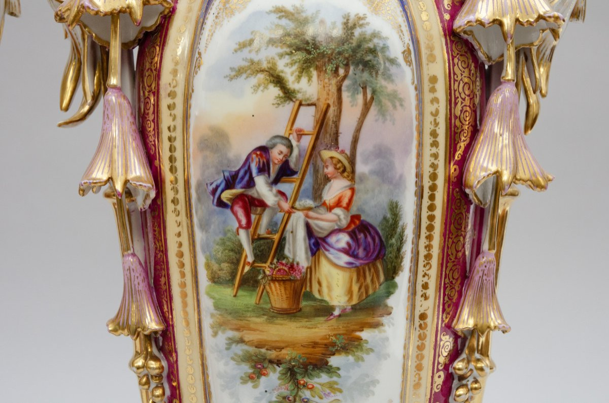 Large Pair Of Limoges Porcelain Vases With Flowers, 19th Century-photo-3