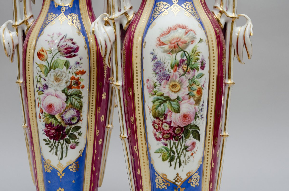 Large Pair Of Limoges Porcelain Vases With Flowers, 19th Century-photo-6