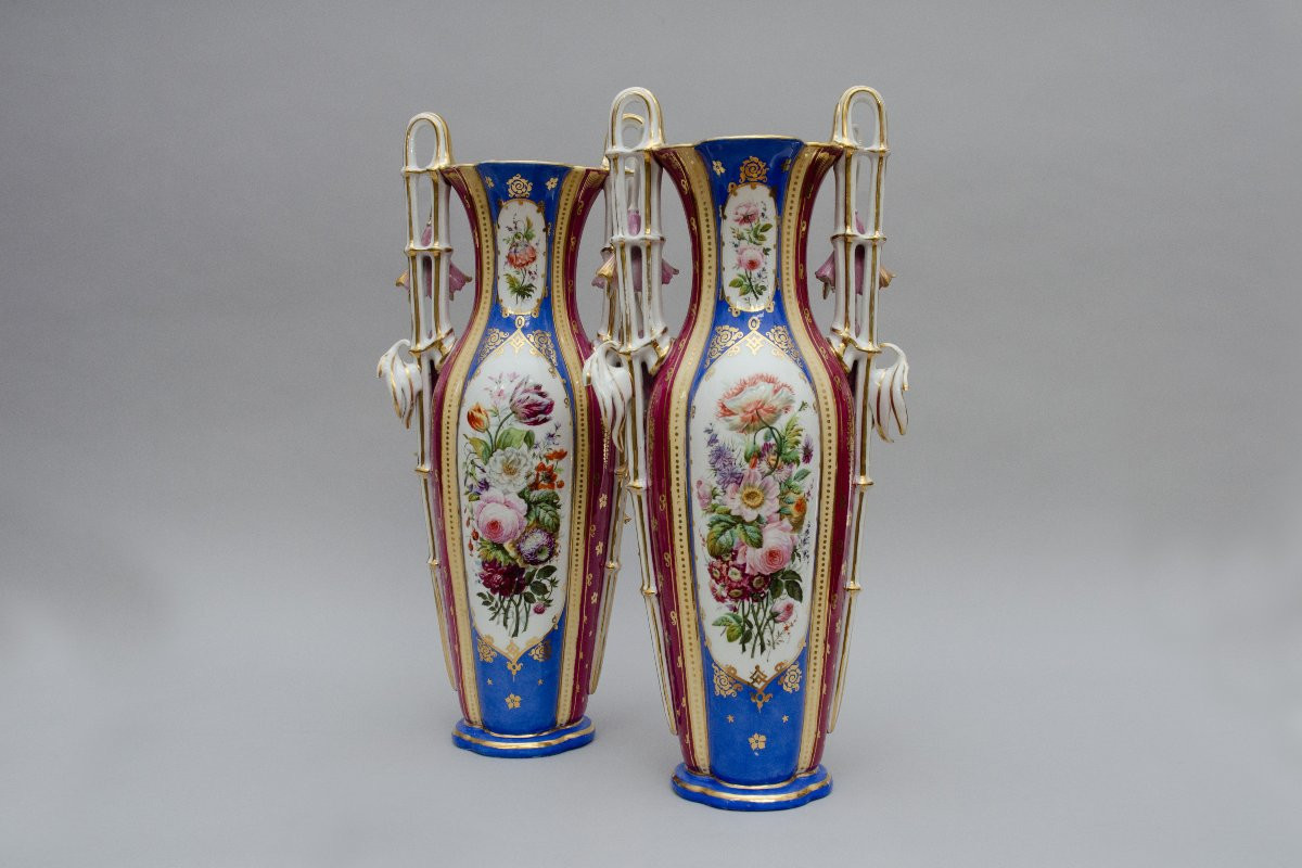 Large Pair Of Limoges Porcelain Vases With Flowers, 19th Century-photo-7
