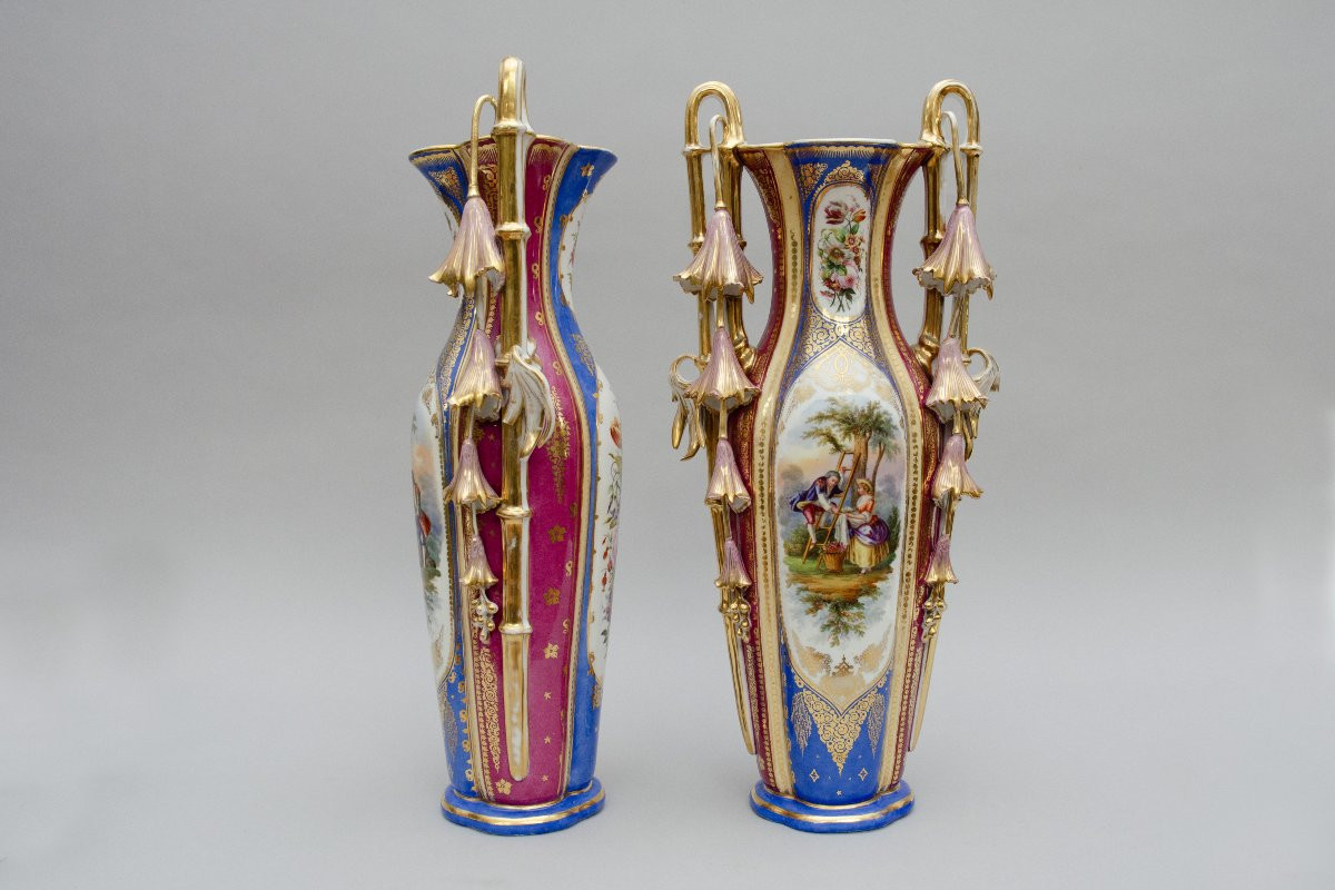 Large Pair Of Limoges Porcelain Vases With Flowers, 19th Century-photo-8