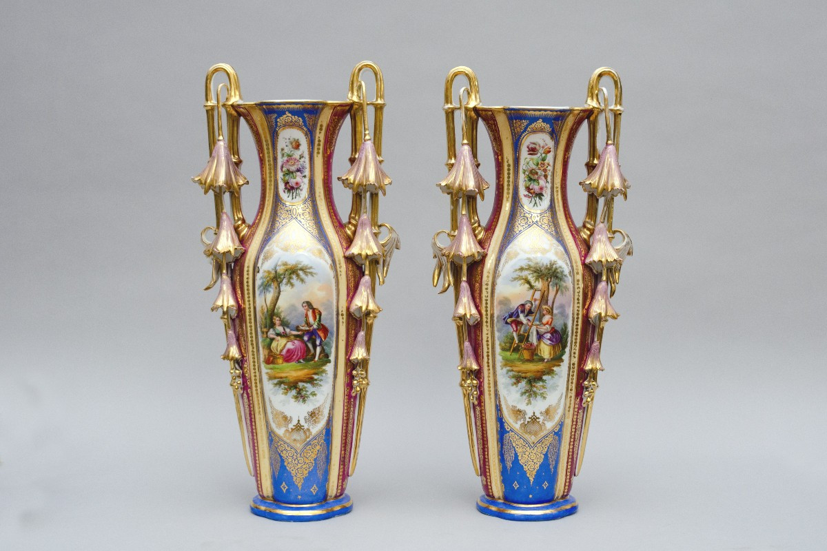 Large Pair Of Limoges Porcelain Vases With Flowers, 19th Century