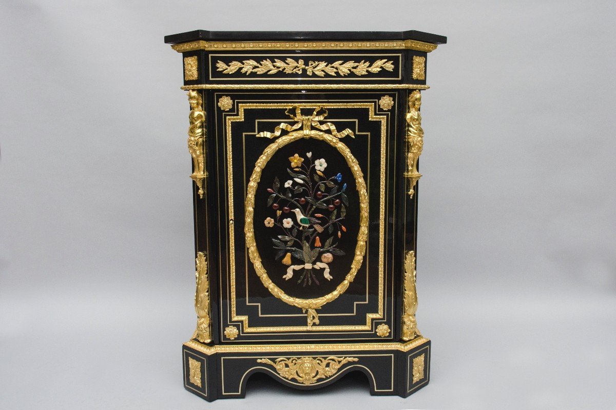 Grande dresse d'appui "Pietra Dura" et bronze doré, BEFORT JEUNE à Paris