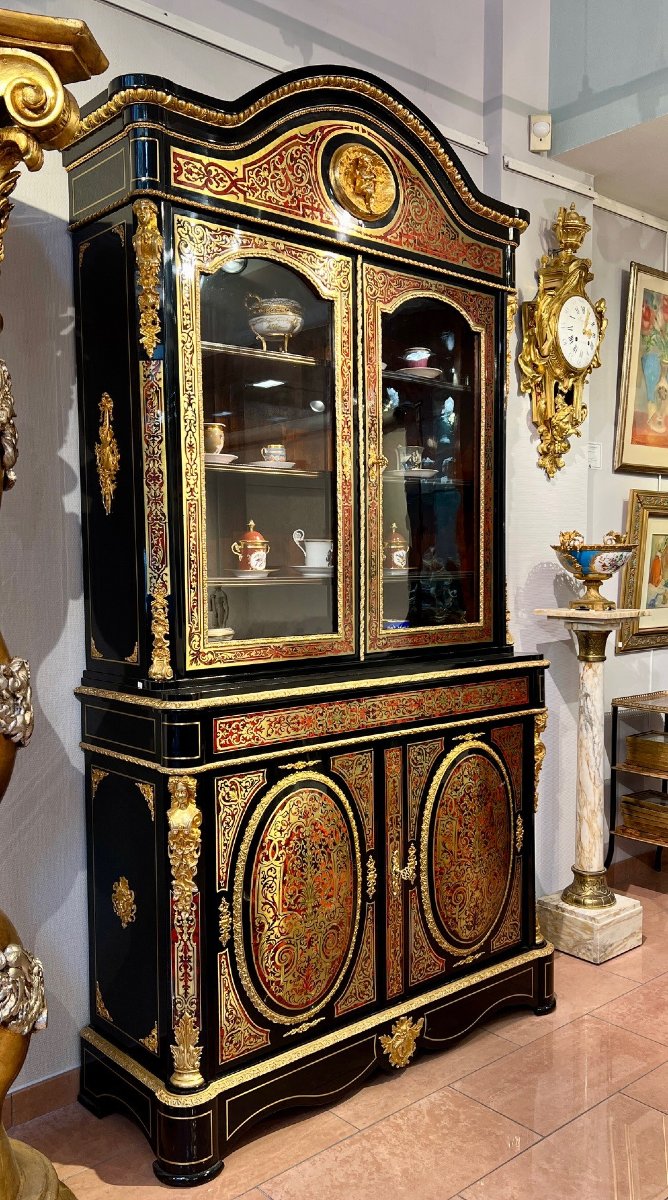 Bibliothèque vitrine double-corps Boulle, maison Delafontaine à Paris (Napoléon III)-photo-4