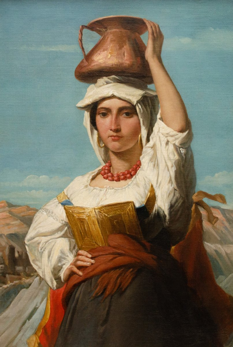 Huile sur toile "Porteuse d'eau romaine", de Joseph Dens (Anvers 1808-1883)-photo-2