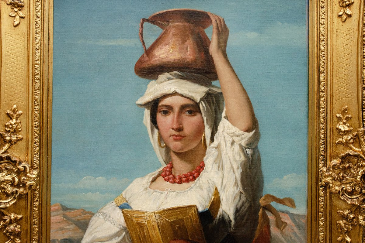 Huile sur toile "Porteuse d'eau romaine", de Joseph Dens (Anvers 1808-1883)-photo-3
