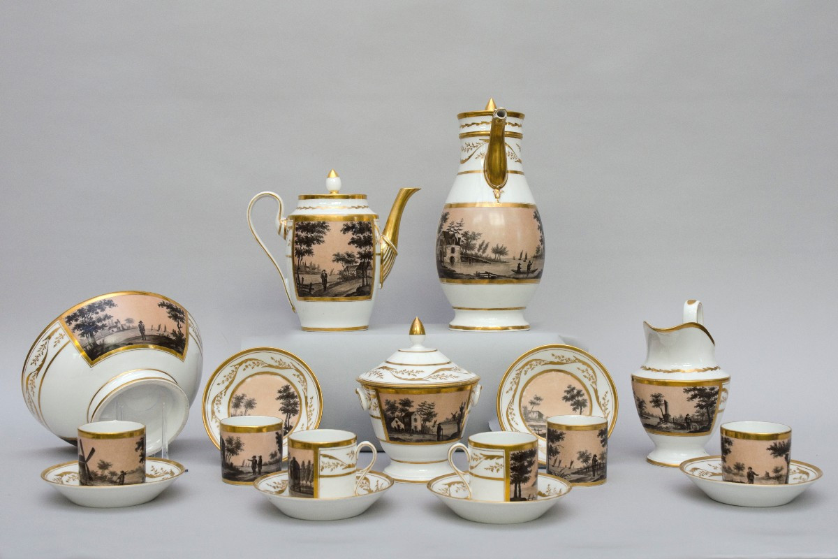 Service a thé et café "grisaille fond rose", attrib. Louise Cretté à Bruxelles (1787-1813)