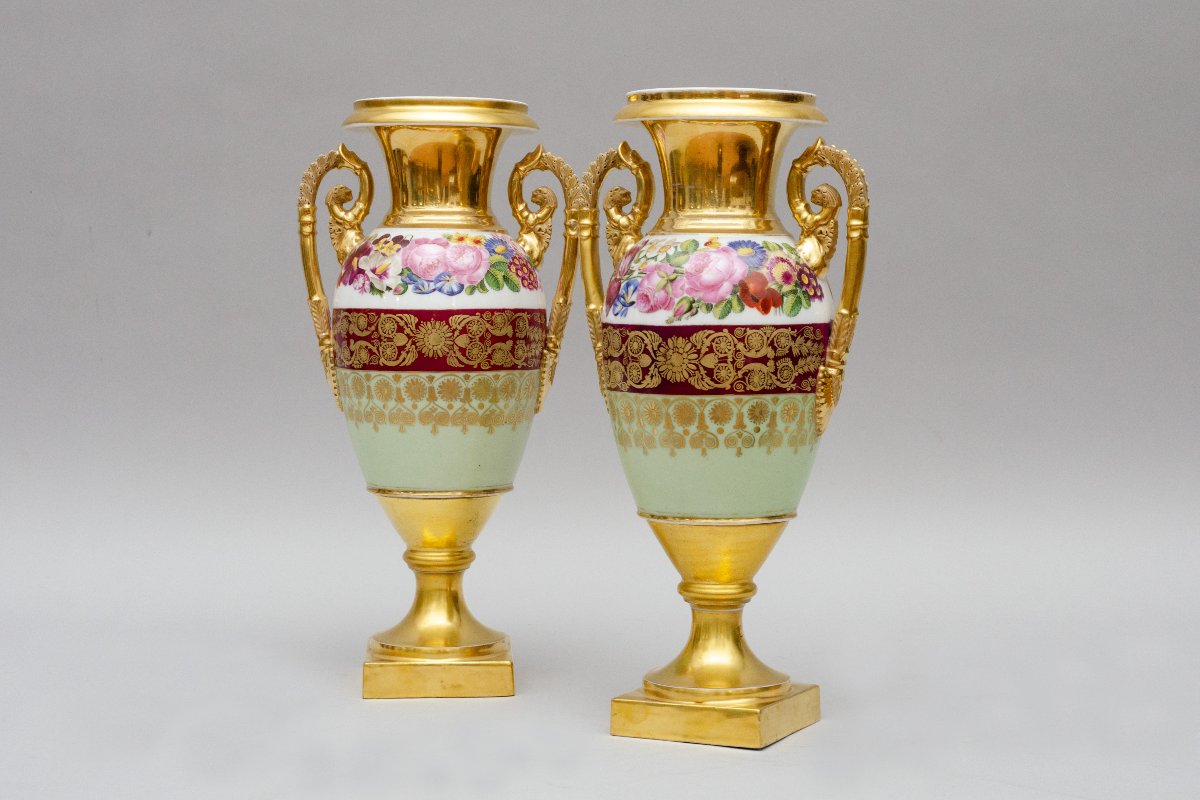 Grande paire de vases auf fleurs, porcelaine de Paris Epoque Restauration-photo-4