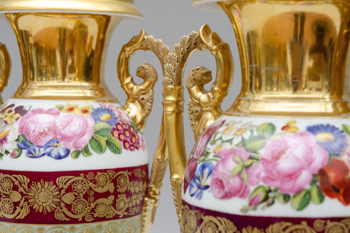 Grande paire de vases auf fleurs, porcelaine de Paris Epoque Restauration-photo-3