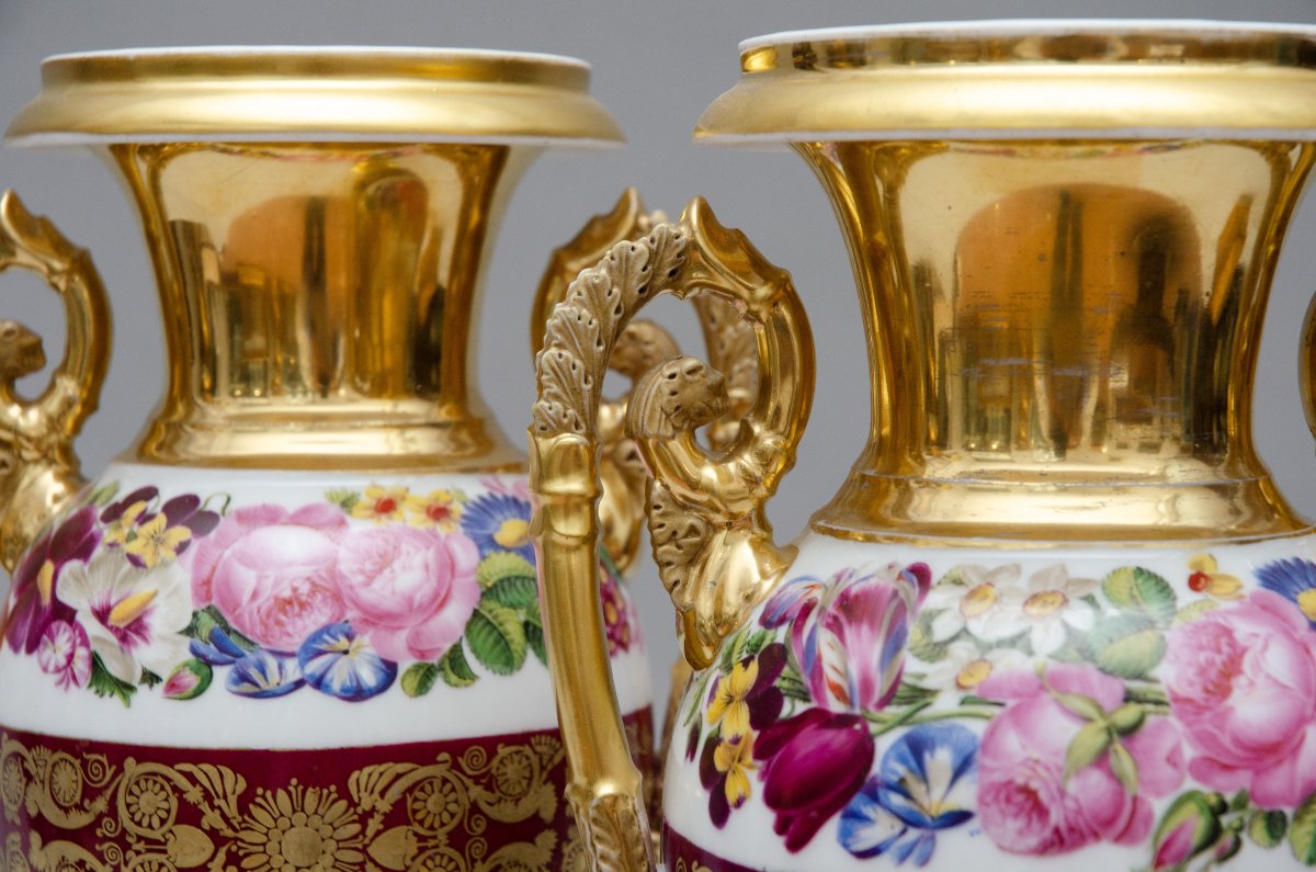 Grande paire de vases auf fleurs, porcelaine de Paris Epoque Restauration-photo-4