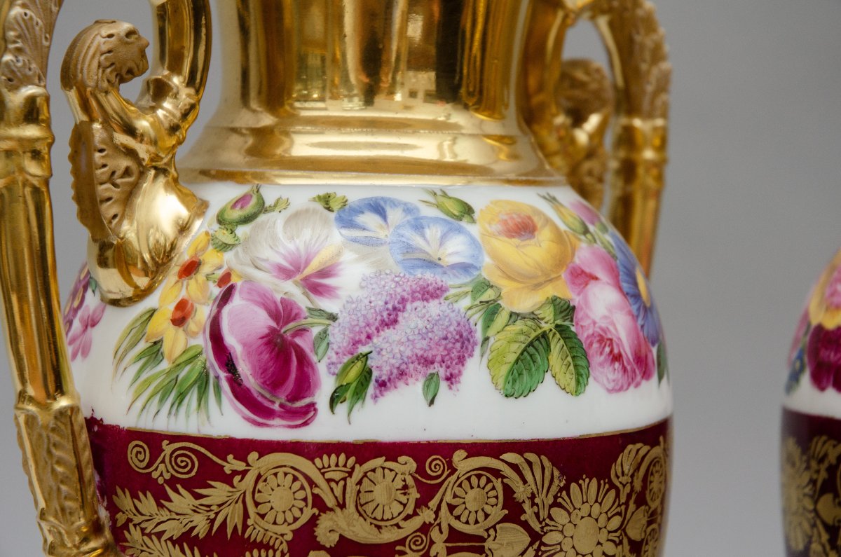 Grande paire de vases auf fleurs, porcelaine de Paris Epoque Restauration-photo-5