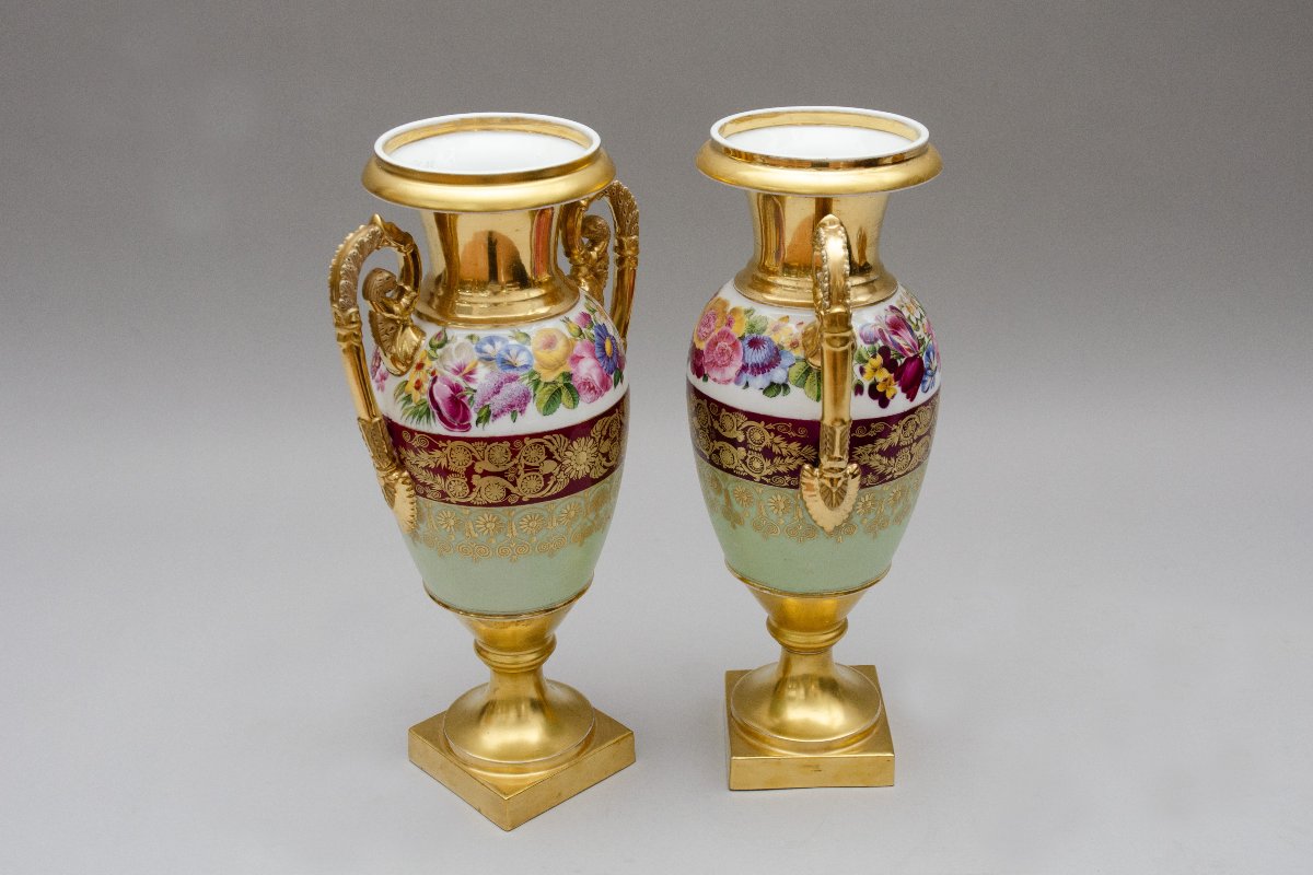 Grande paire de vases auf fleurs, porcelaine de Paris Epoque Restauration-photo-6
