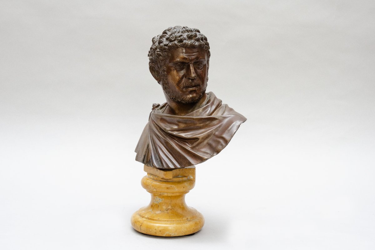 Buste en bronze de l'empereur CARRACALLA, piédouche Jaune de Sienne, 19e siècle, Grand Tour-photo-2