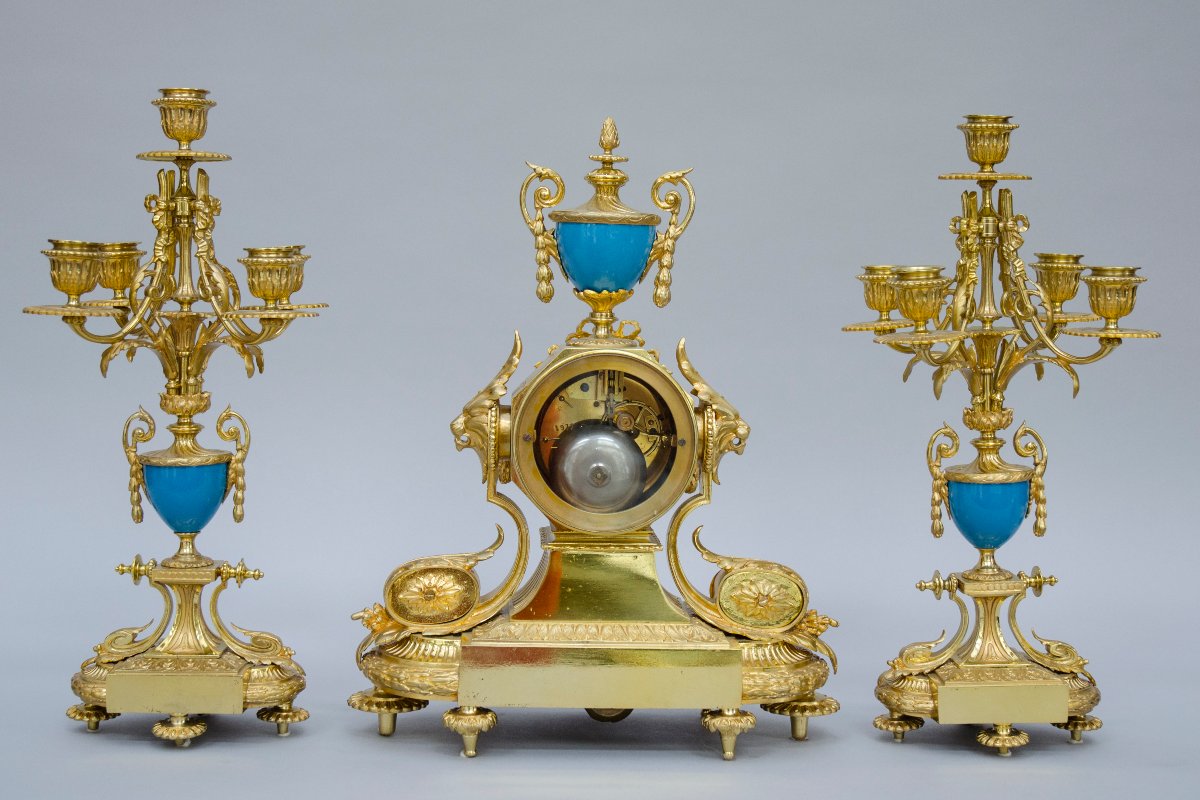 Garniture avec pendule et chandeliers, porcelaine de Sèvres et bronze doré, 19e siècle-photo-5