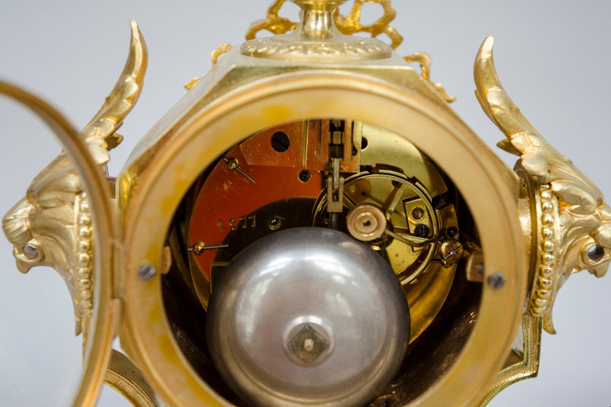 Garniture avec pendule et chandeliers, porcelaine de Sèvres et bronze doré, 19e siècle-photo-6