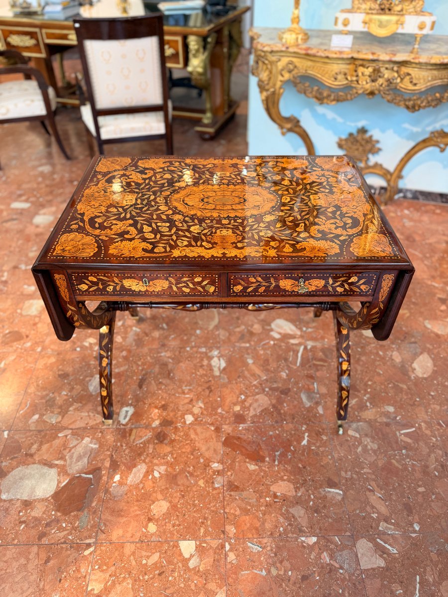Elégante table à rabats en marqueterie hollandaise, 19e siècle-photo-2