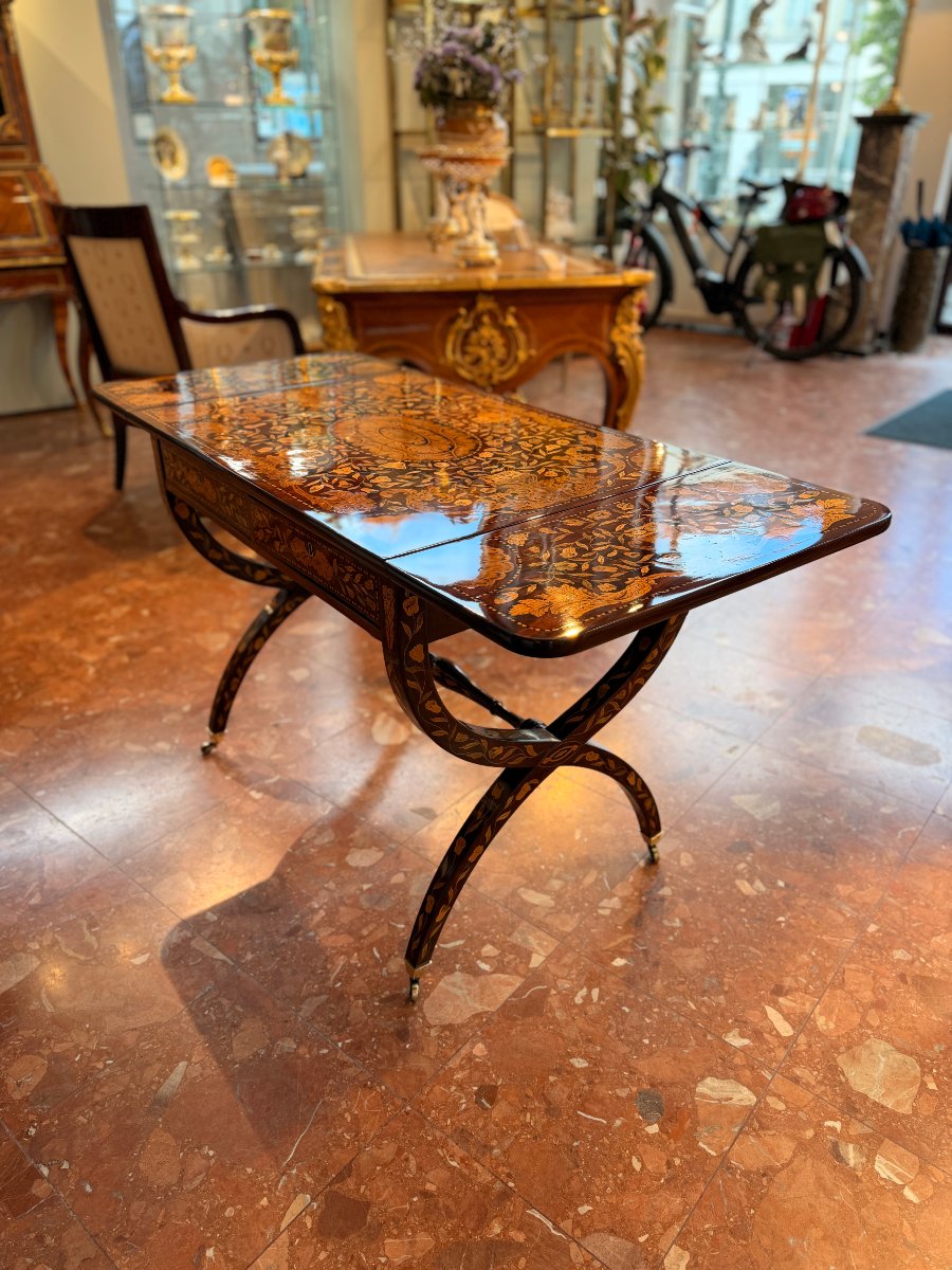 Elégante table à rabats en marqueterie hollandaise, 19e siècle-photo-4