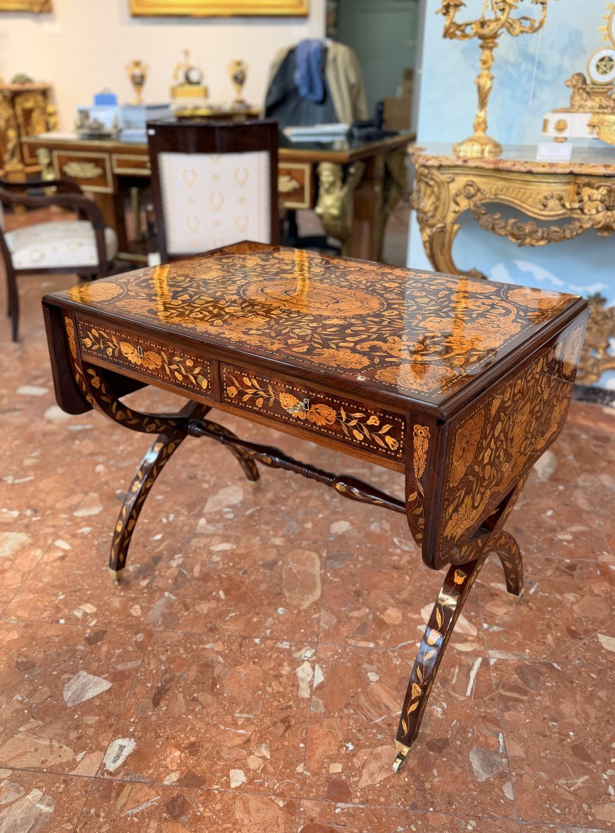 Elégante table à rabats en marqueterie hollandaise, 19e siècle-photo-7
