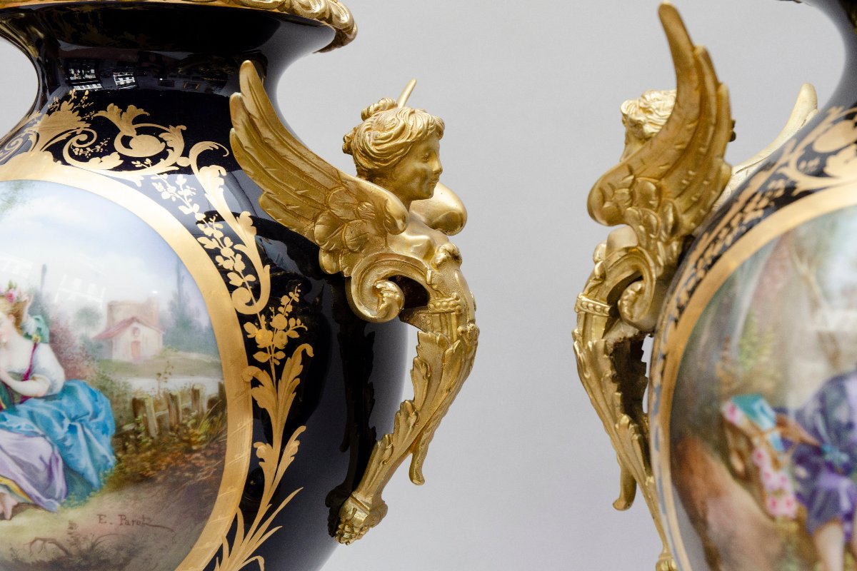 Pair Of Large Cobalt-blue Vases With Bronze Mounts Featuring Busts Of Winged Women, Sèvres-photo-3