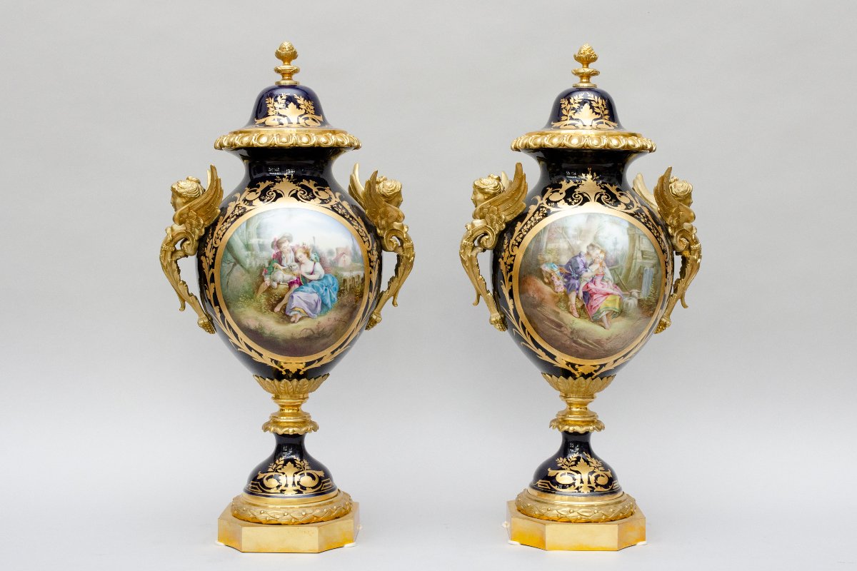 Pair Of Large Cobalt-blue Vases With Bronze Mounts Featuring Busts Of Winged Women, Sèvres