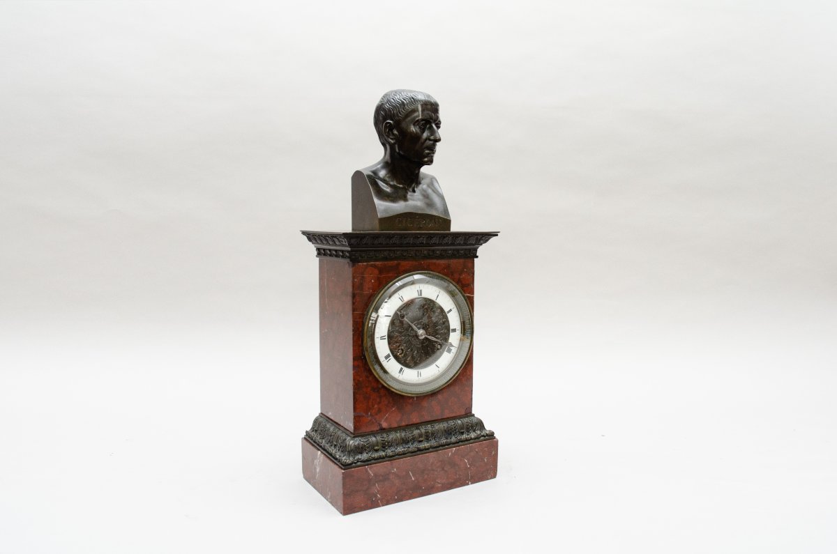 "cicéron" Pedestal Clock, Grandperrin, Paris, Ca. 1840, Red Marble And Bronze-photo-3