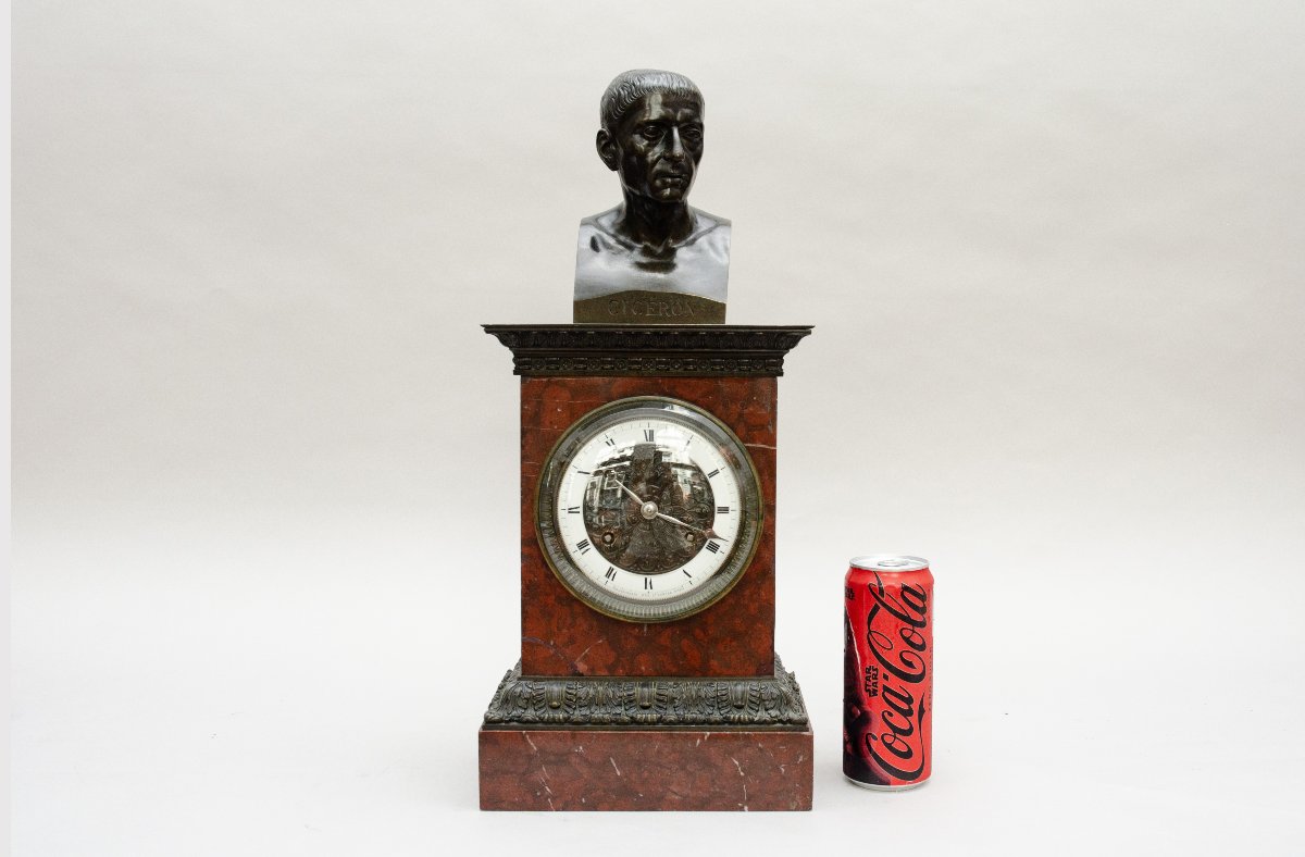 "cicéron" Pedestal Clock, Grandperrin, Paris, Ca. 1840, Red Marble And Bronze-photo-3