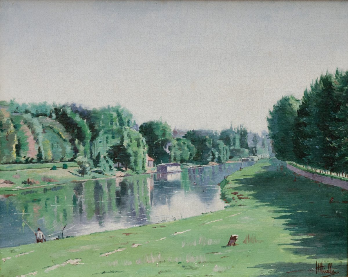 Paysage lacustre, huile sur toile d'Auguste Hiolle (1866-1917)-photo-2