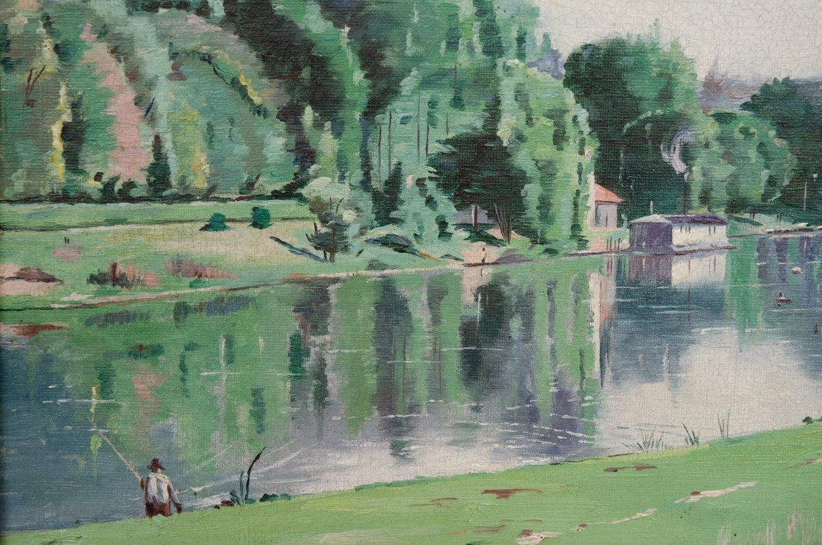 Paysage lacustre, huile sur toile d'Auguste Hiolle (1866-1917)-photo-3