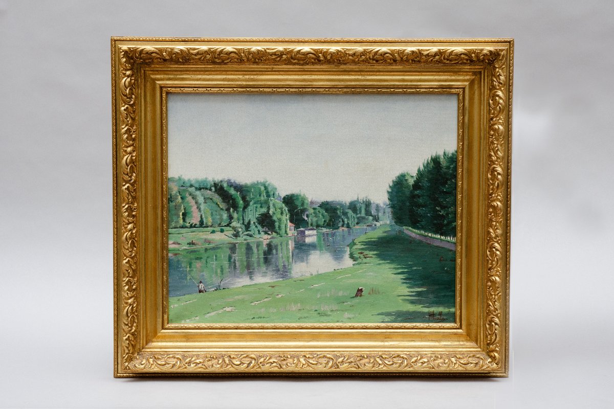 Paysage lacustre, huile sur toile d'Auguste Hiolle (1866-1917)
