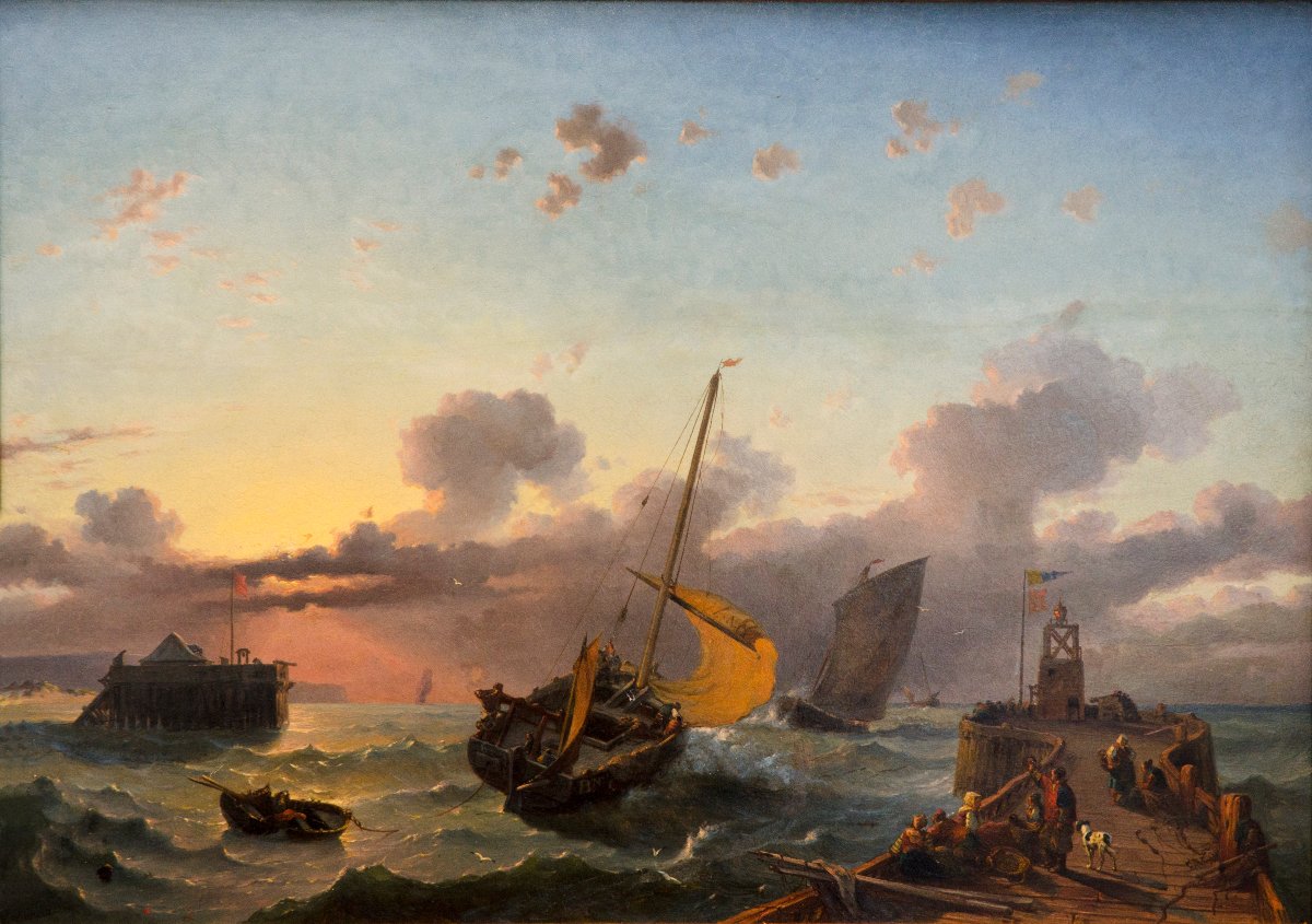 Marine, huile sur panneau, Alexandre Thomas Francia (Calais 1820- Bruxelles 1884)-photo-2