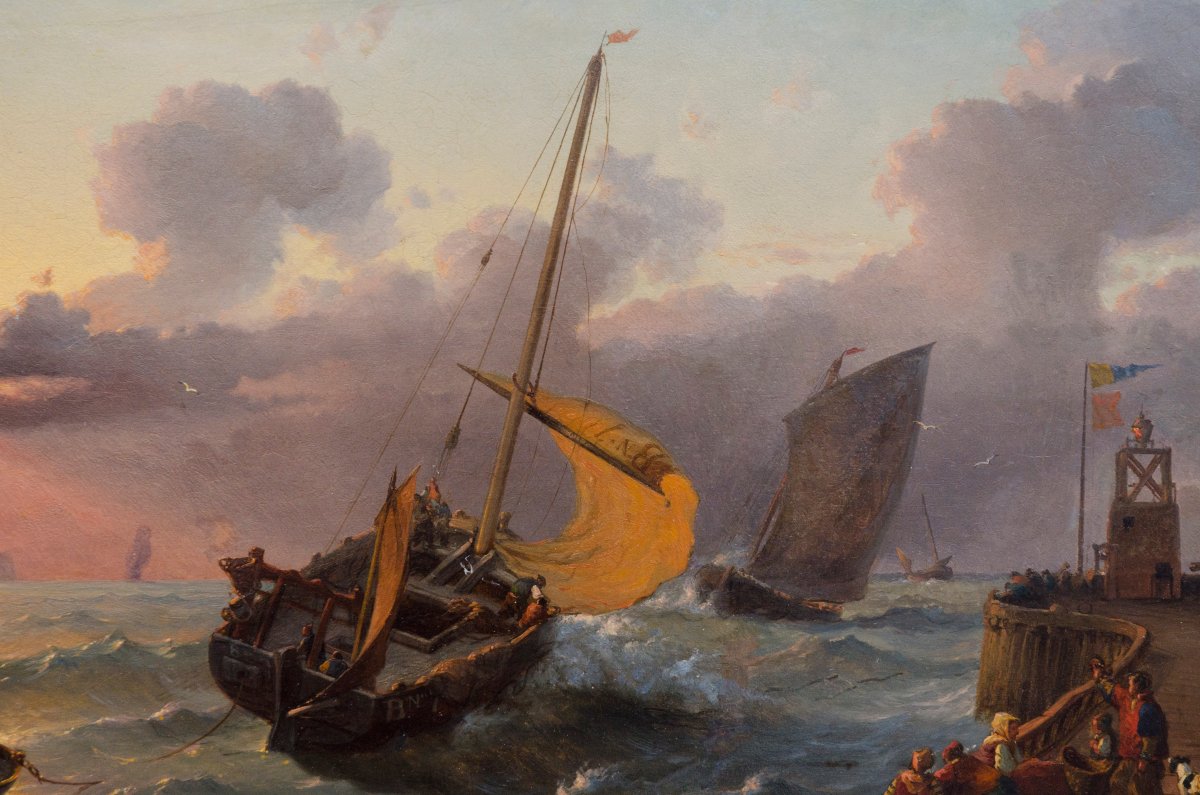Marine, huile sur panneau, Alexandre Thomas Francia (Calais 1820- Bruxelles 1884)-photo-4