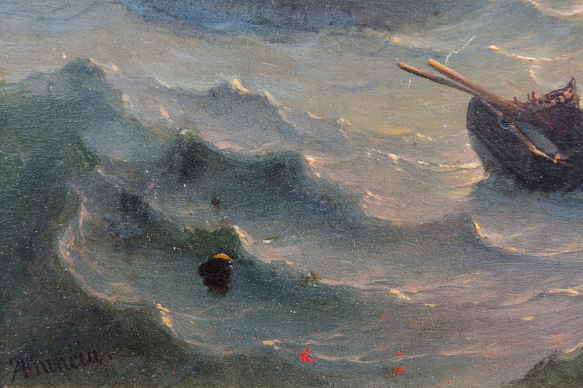 Marine, huile sur panneau, Alexandre Thomas Francia (Calais 1820- Bruxelles 1884)-photo-1