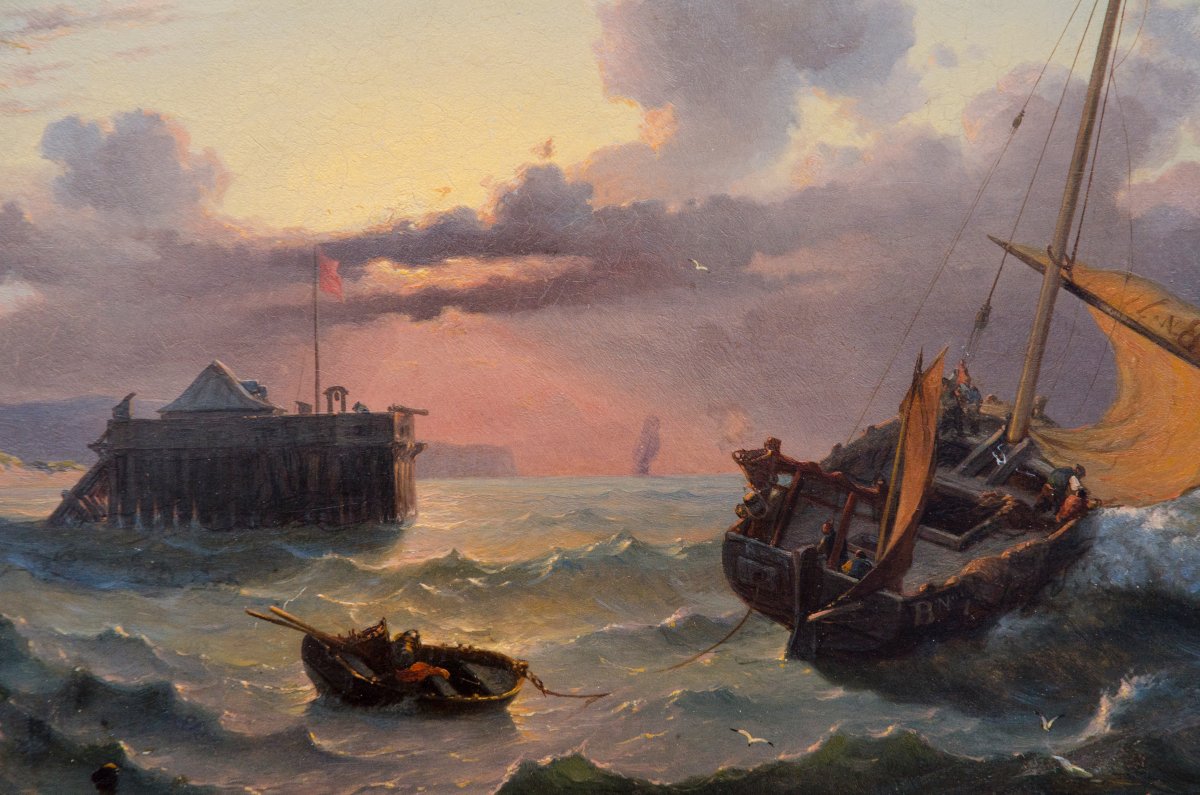 Marine, huile sur panneau, Alexandre Thomas Francia (Calais 1820- Bruxelles 1884)-photo-4