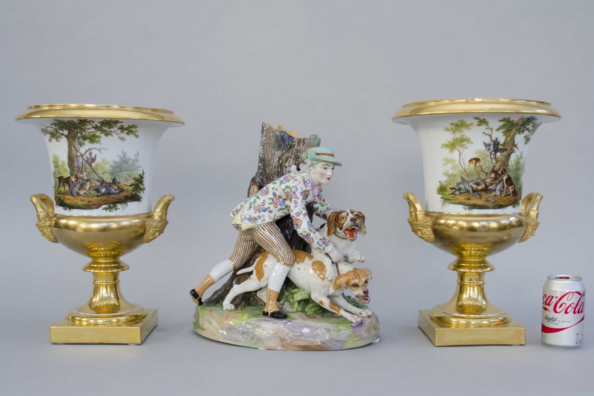 Surtout- Jardiniere - Cache Pot, Hunter And His Dogs, French Porcelain 19th-photo-4