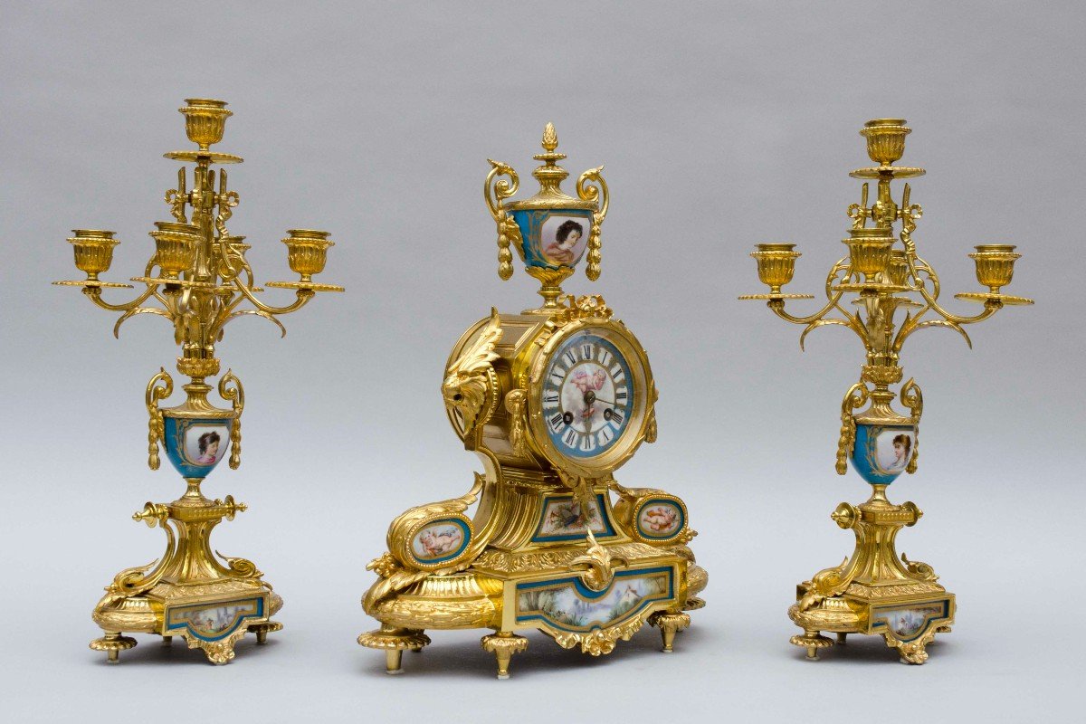 Garniture En Bronze Doré Et Porcelaine De Sèvres, Horloge Et Chandeliers, Napoléon III, France-photo-2