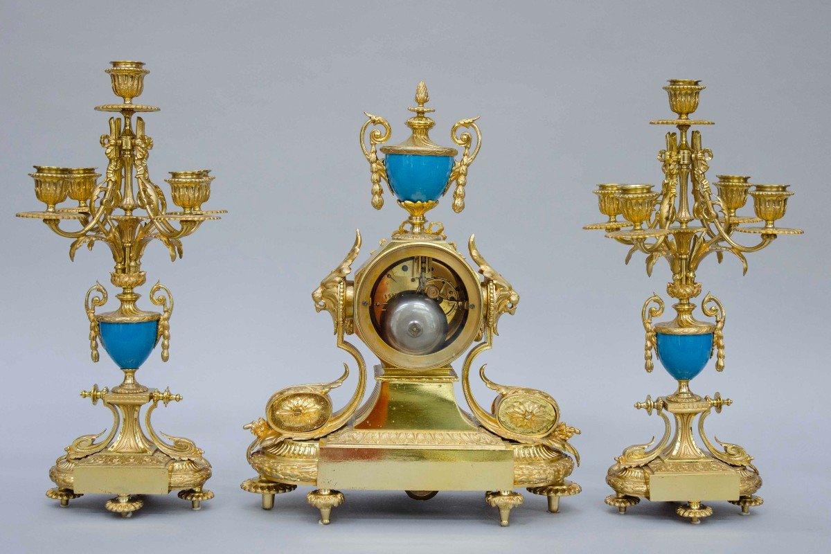 Gilt Bronze And Sèvres Porcelain Garniture With Clock And Candlesticks, Napoleon III, France-photo-4