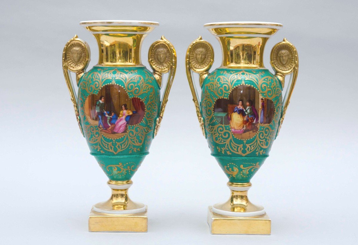 Pair Of Small Green Porcelain Vases, Paris, 19th Century